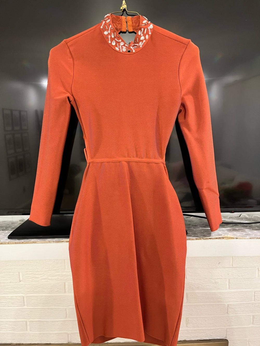 Embellished Collar Midi Dress in Rust Orange